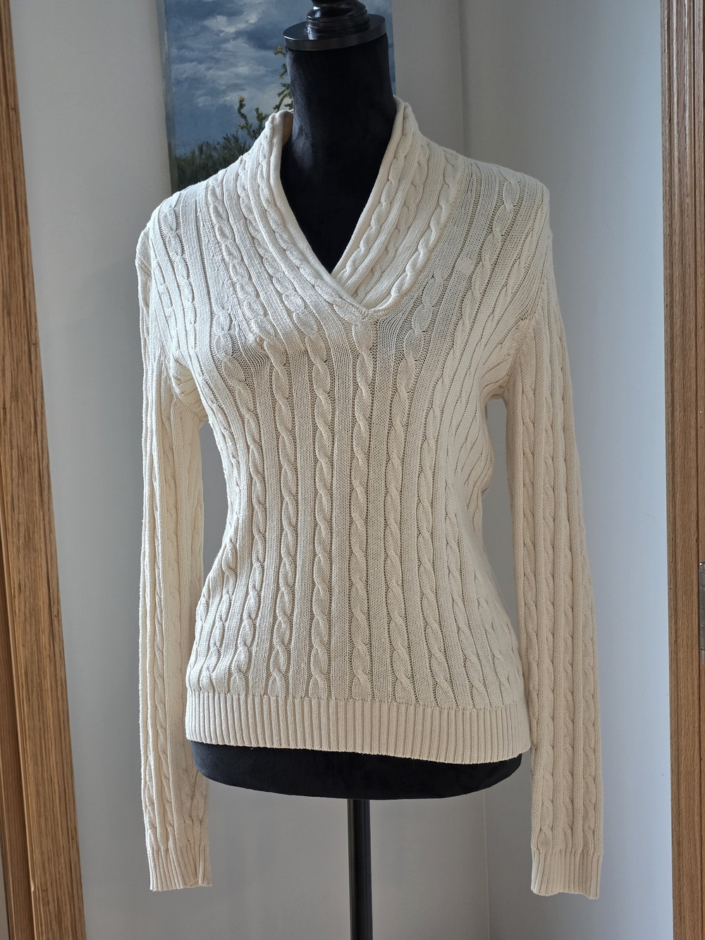 Lauren Ralph Lauren Cable-Knit Shawl-Collar Sweater/ Mascarpone Cream, Medium